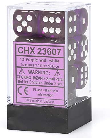 Translucent Purple/White 16 mm d6 (12 dice)